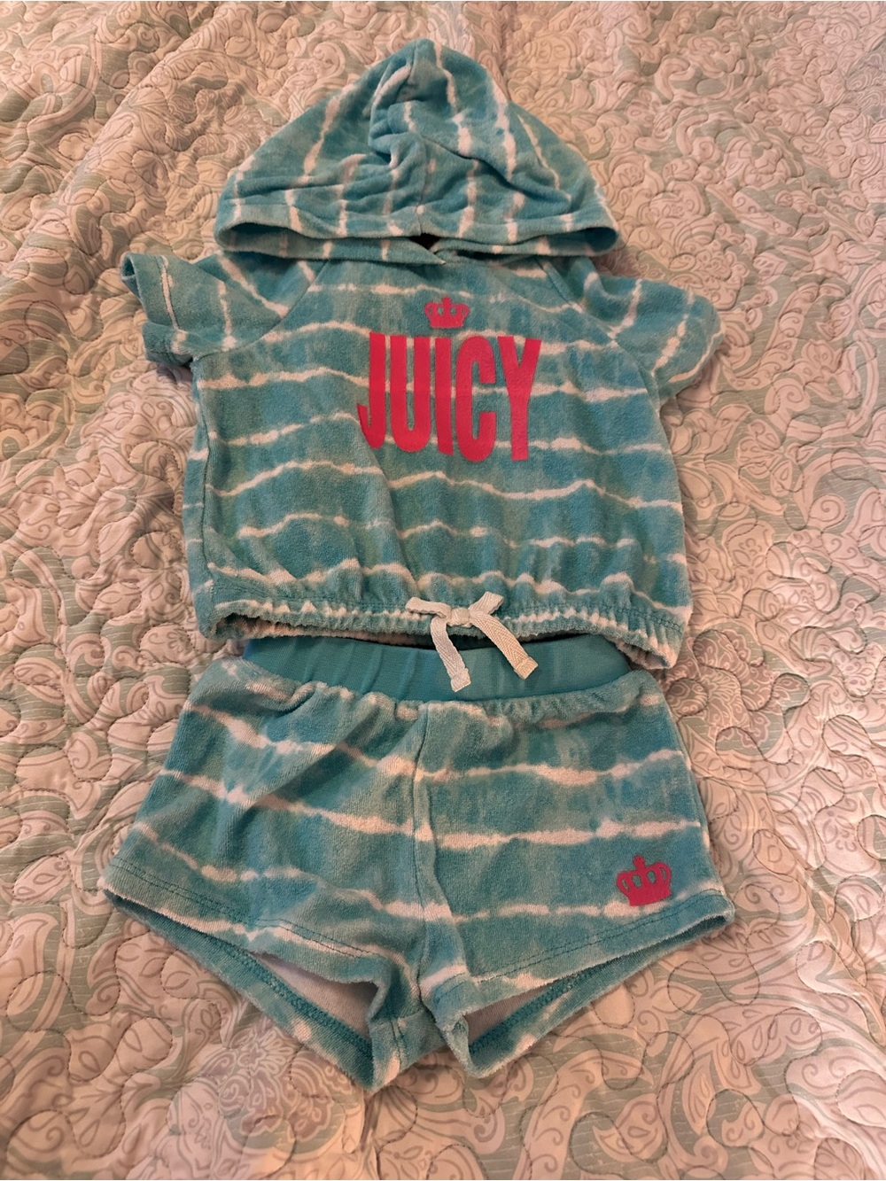 Juicy Couture Teal and White Tie-Dye Hoodie & Shorts Set with Pink Logo